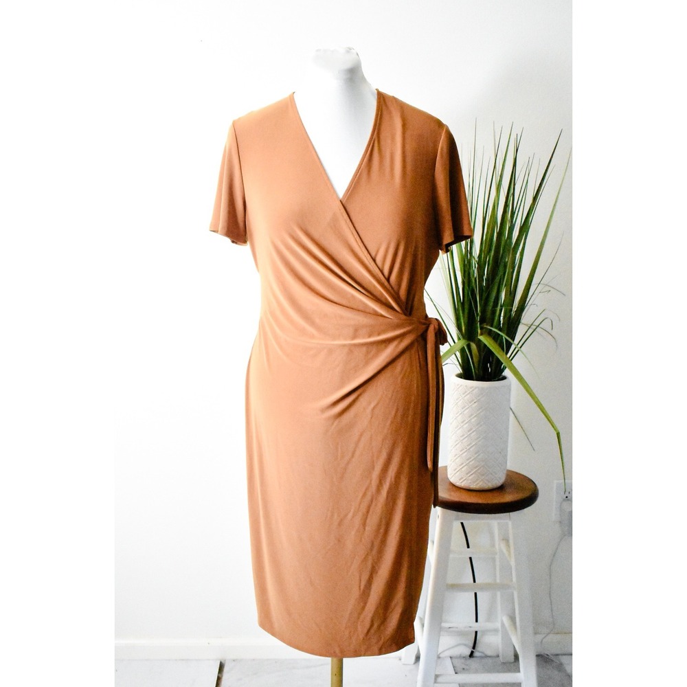 Anne Klein Wrap Dress Womens 16 Terracotta Orange Modern Faux Wrap Sheath